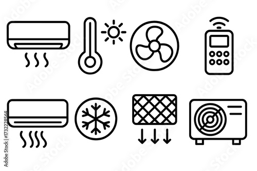 Air conditioning icon set. Climate control line icons. HVAC service vector symbols for cooling, heating, fan, ventilation, filter, remote control, thermostat, and temperature. Editable stroke.