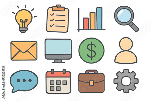 Business and office doodle icon set. Vector symbols for finance, marketing, management. Thin line illustration of idea bulb, chart, money, calendar, computer for web design.
