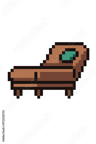 Pixel art chaise lounge icon. 8-bit retro video game asset sprite. Vintage couch, sofa for psychology or therapy concept. Cartoon vector illustration isolated on white background.