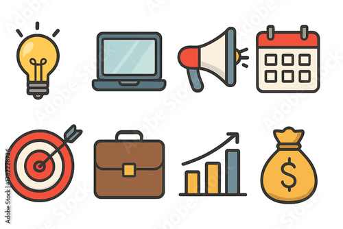 Business development and strategy color line icon set. Vector icons for digital marketing, financial growth, and success. Includes idea lightbulb, target, chart, and money bag.