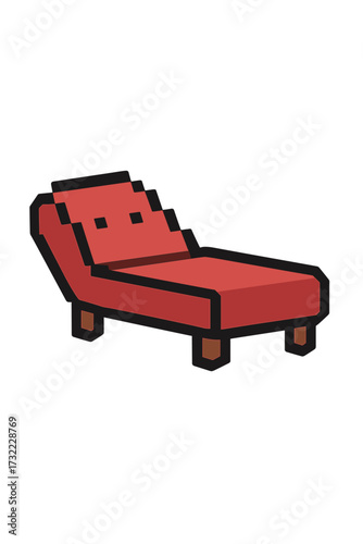 Pixel art chaise lounge icon. Retro 8-bit video game furniture sprite. Red couch for therapy, psychology session or relaxation. Vector illustration daybed or divan symbol.