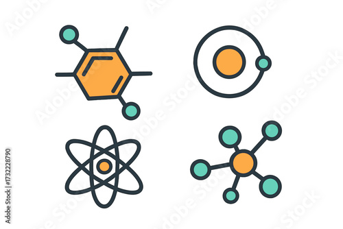 Science icon set. Atom, molecule, nucleus. Physics, chemistry symbol collection. Chemical structure, molecular bond, particle. Vector graphic element. Flat design illustration.