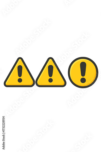 Set of warning signs with exclamation mark. Caution, danger, alert and error icon collection. Hazard attention symbol in yellow triangle and circle. Vector illustration.