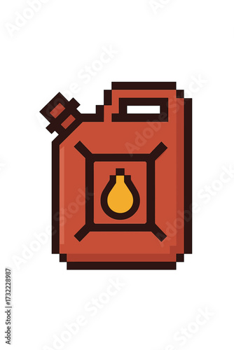 Pixel art gas can icon. 8-bit retro game asset sprite. Vector jerrycan illustration. Gasoline, petrol, or diesel fuel container symbol. Emergency refill energy concept design.