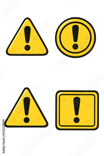 Caution warning sign set with exclamation mark. Vector cartoon illustration of danger alert symbols. Triangle, circle, and square icons for attention, risk, hazard, or error.