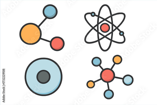 Atom and molecule icon set. Flat vector symbols for science, chemistry, and physics concepts. Chemical compound, particle structure, nucleus with electron orbits. Research element.