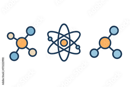 Atom and molecule icon set. Flat vector illustration of chemical compounds, nuclear physics, and scientific research. Simple chemistry symbols for education or logo design.