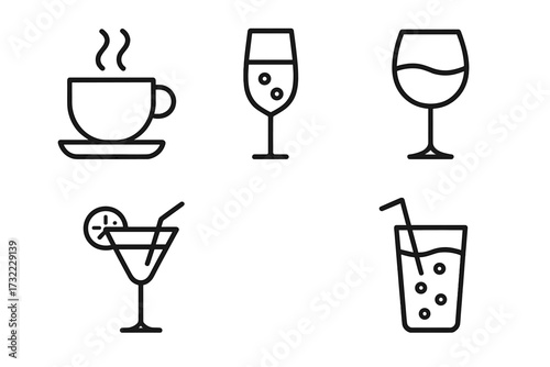 Drink and beverage line icon set. Simple vector icons of coffee, wine, cocktail, champagne and soft drink. Minimalist outline pictogram collection for bar, cafe or menu.