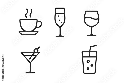 Drinks and beverage simple line icon set. Coffee cup, wine glass, cocktail, champagne, soda. Minimal outline pictogram collection. Editable stroke vector for cafe, bar menu design.