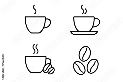 Coffee cup and bean line icon set. Vector collection of hot drink symbols. Editable stroke outline graphic for beverage, espresso, cappuccino and morning concepts for cafe menu.