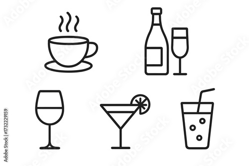 Drink and beverage line icon set. Coffee, champagne, wine, cocktail, and soda symbols. Simple outline vector icons for a bar or cafe menu. Editable stroke illustration.