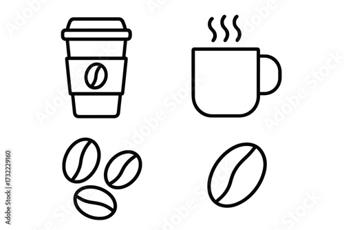 Coffee icon set line art collection. Vector symbols for cafe menu. Simple minimalist design elements. Editable stroke icons of takeaway cup, hot mug, and roasted beans.