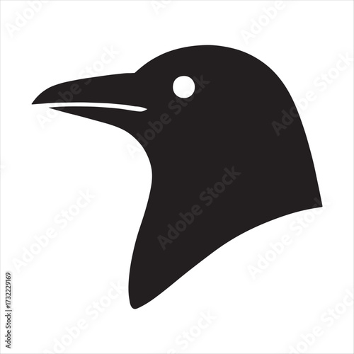 Minimalist black silhouette of a raven or crow head with a white eye against a white background