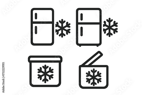 Cold storage icon set with refrigerator and portable cooler box. Minimal line art pictograms for freezing, food preservation, and refrigeration. Vector symbols of fridge and freezer.