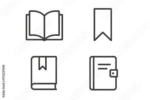 Book icon set vector. Outline icons of open book, diary, notebook, bookmark. Simple line art for reading, education, library concepts. For app, web, UI, UX, and graphic design.