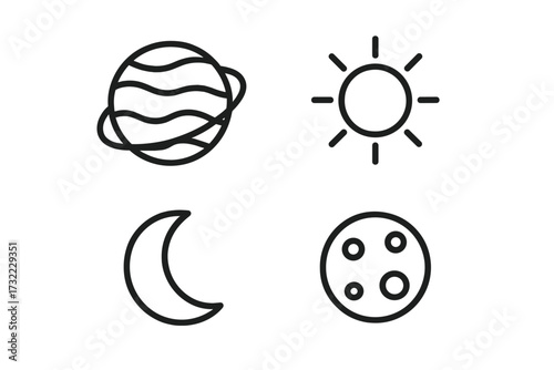 Space line icon collection. Planet, sun, crescent, full moon symbols. Simple cosmos outline pictogram set for web, app, UI, UX design. Astronomy science vector illustration.