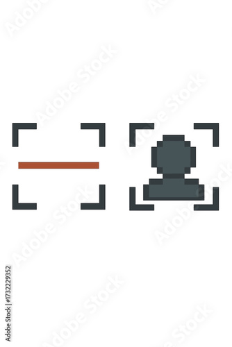 Face recognition and scan icon set. Pixel art style. Biometric identification symbol for security system. User avatar login, personal data access. 8-bit gaming aesthetic vector.
