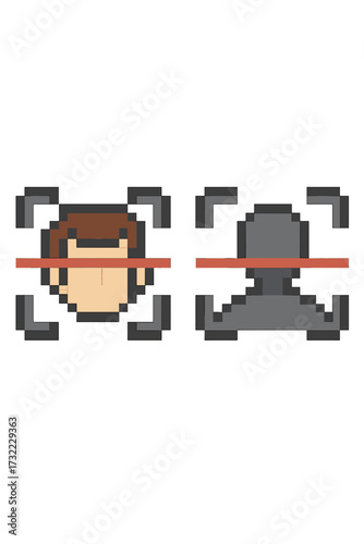 Pixel art face scan icon. Facial recognition biometric identification concept. 8-bit retro game style security verification. Technology authentication access control symbol.