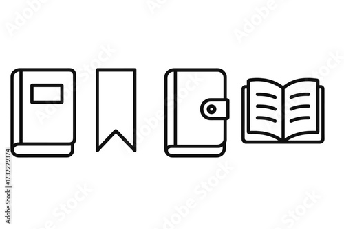 Book icon set in a simple outline style. Vector symbols for reading, education, and knowledge. Includes diary, bookmark, and notebook for web design, apps, and UI UX design.