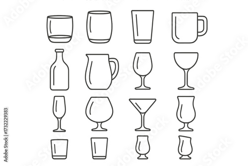 Glassware line icon set. Bar and drink concepts. Vector icons pack for menu. Wine, beer, cocktail, water glasses. Mug, bottle, pitcher. Editable stroke outline graphic elements.