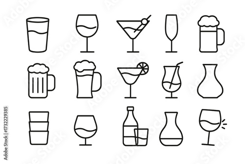 Drinks and beverages icon collection. Vector line art set of alcohol glasses for bar menu or restaurant. Includes beer mug, wine, cocktail, water, juice, and champagne glass. Editable stroke.