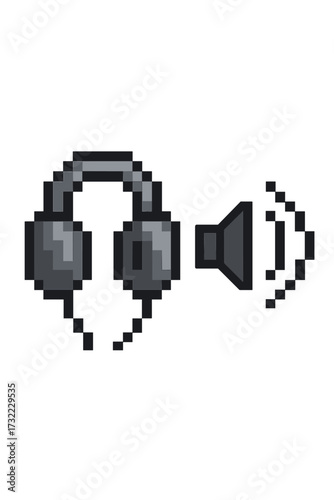 Headphones and speaker volume icon in pixel art style. 8-bit retro gaming audio headset symbol. Listen to music or podcast concept. Digital sound and entertainment vector.