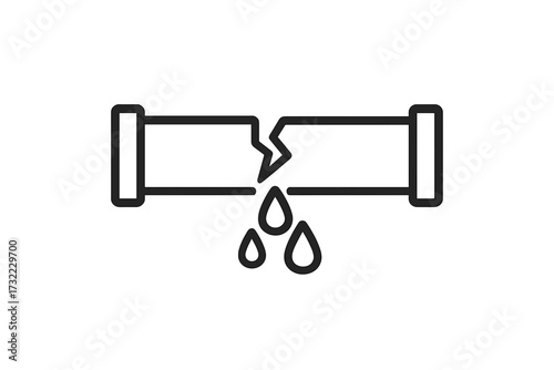 Broken pipe icon. Water leak symbol. Burst pipeline pictogram. Plumbing problem concept. Dripping water drop. Damage and repair. Emergency service. Outline vector illustration.