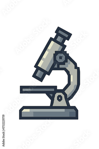 Pixel art microscope icon. Science laboratory equipment for research, biology, chemistry. 8-bit retro gaming style vector illustration. School, education, discovery concept.