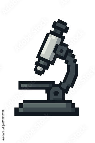 Microscope pixel art icon. 8-bit retro video game sprite. Science, laboratory, research symbol. Biology, chemistry discovery. Vector illustration on transparent background.
