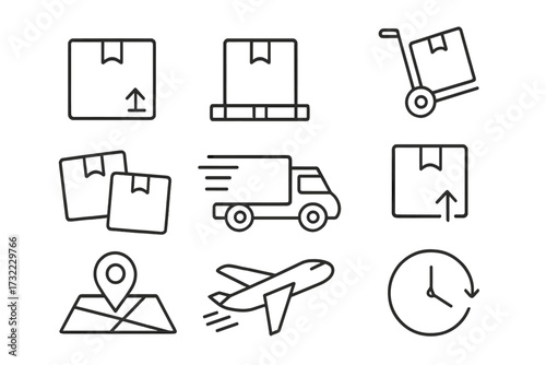 Set of delivery and logistics line icons. Shipping, transportation, and e-commerce symbols. Includes truck, plane, box, and tracking map. Fast courier service vector pack.