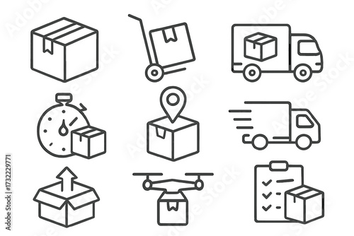 Delivery and logistics line icon set. Package shipping, transportation service. Concept order tracking, fast delivery, freight. Truck, drone, box. Web symbol. Vector icons.