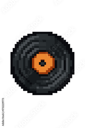 Vinyl record pixel art icon. Retro 8-bit music LP illustration. Vintage sound carrier symbol for game asset. Nostalgic phonograph disc graphic. DJ turntable element isolated.