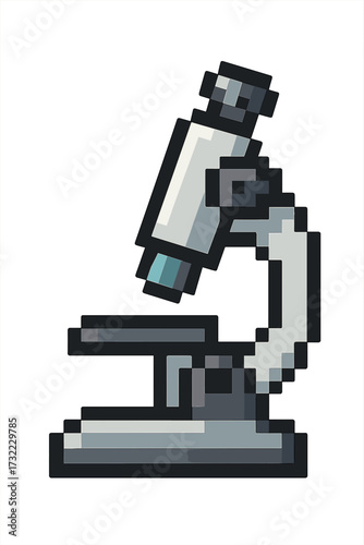 Pixel art microscope icon. Science, research, discovery symbol. Lab equipment for biology, chemistry, medicine. Education tool. 8-bit retro video game sprite vector isolated.