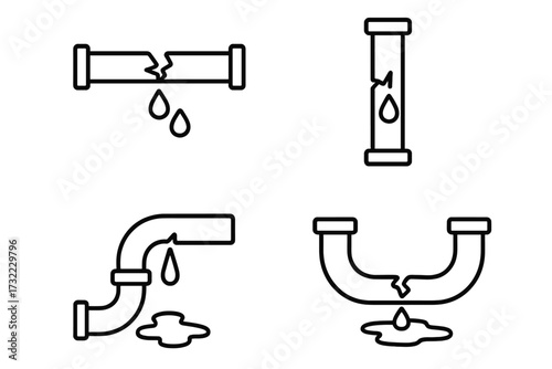 Broken pipe and water leak icon set. Plumbing problems simple outline collection. Leaking tube, dripping pipeline, and burst water main vector icons for plumbing repair service.