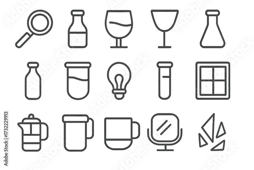 Glassware line icon set. Vector glass objects collection for web and apps. Editable stroke symbols including bottle, wineglass, lab flask, lightbulb, window, mirror, broken glass.