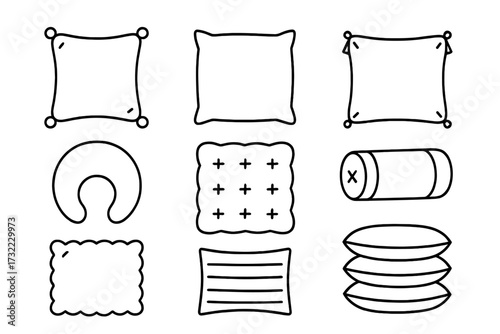 Pillow icon collection. Simple cushion outline sign set. Vector line art for sleep, rest, bedding, and comfort. Home decor and furniture symbols. Editable stroke graphic.