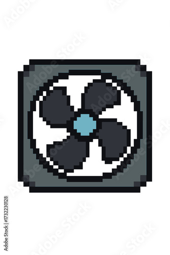Pixel art fan icon. 8-bit ventilator cooler symbol for retro gaming. Computer PC cooling system component. Isolated vector illustration for hardware or tech design element.