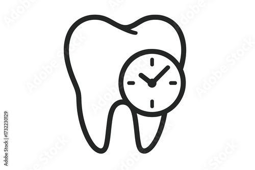 Dental appointment time icon. Tooth with clock symbol. Dentistry schedule, checkup reminder concept. Oral health care, hygiene. Dentist visit waiting time. Vector line art.