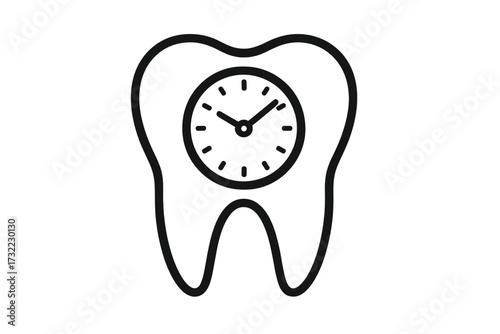 Dental appointment time vector icon. Tooth with clock symbol. Concept for dentist schedule, check-up reminder, oral care routine, waiting for treatment. Stomatology, toothache symbol.