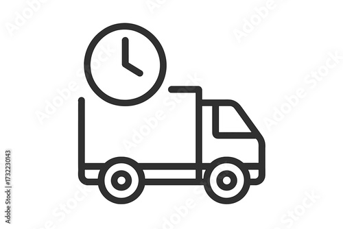 Fast delivery truck with clock line icon. On-time shipping service symbol. Express logistics and transport concept. Timely freight and cargo schedule vector illustration.