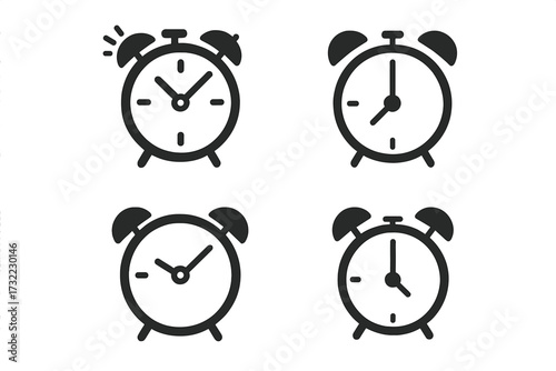 Alarm clock icon set. Simple line art symbol for time management. Wake up, reminder, schedule, and deadline concepts. Vector graphic element for web design, apps. Flat illustration.