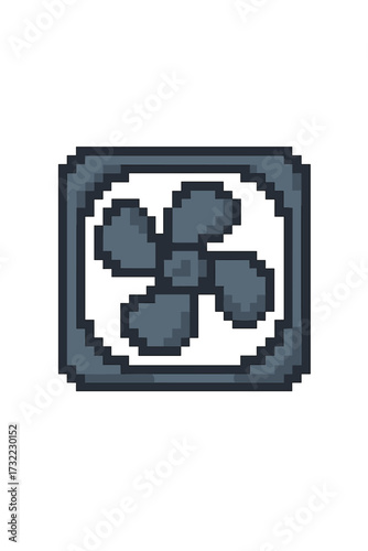Pixel art fan icon. 8 bit computer cooler or ventilator symbol for gaming. PC cooling system hardware component. Vector illustration isolated. Retro tech graphic element design.