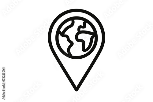 Planet Earth in map pin. Global location, international business, worldwide travel concept. GPS navigation, geotag marker icon. Minimalistic line vector for web and apps.