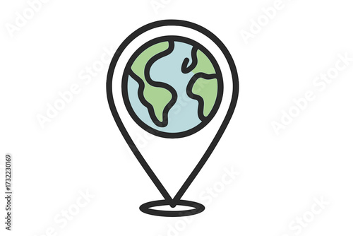 Map pin with globe icon. Planet Earth location marker symbol for navigation and travel. Global positioning sign. Worldwide destination concept. Simple flat vector illustration.