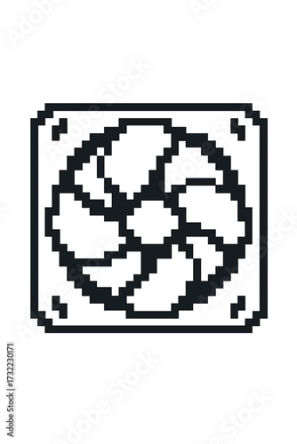Computer fan pixel art icon. PC hardware cooler symbol in 8-bit retro style. Gaming component for cooling system. Technology ventilator vector illustration isolated on white.