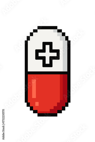 Pixel art health pill icon. 8-bit medicine capsule for retro video game. Medical drug, vitamin or antibiotic symbol. Pharmacy and healthcare concept vector illustration.