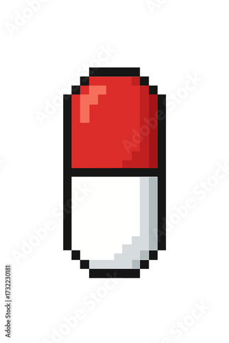 Pixel art pill icon. 8-bit retro gaming style medicine capsule. Healthcare and pharmacy drug symbol. Vector illustration for medical treatment, dose or vitamin concept design.
