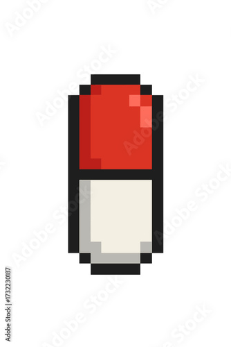 Red and white medicine pill capsule in pixel art style. Health care and pharmacy concept for retro 8-bit video game. Medical icon vector illustration. Drug, vitamin, tablet.