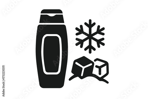 Cooling conditioner icon. Ice effect shampoo symbol. Winter hair care pictogram. Refreshing cosmetic product with menthol. Frosty snowflake and ice cubes. Vector illustration.