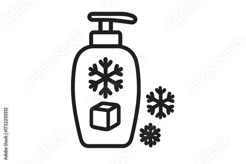 Cooling effect cosmetic bottle. Icon of liquid soap, shampoo or lotion dispenser. Ice cube and snowflake symbol for freshness. Winter skincare product. Vector illustration.